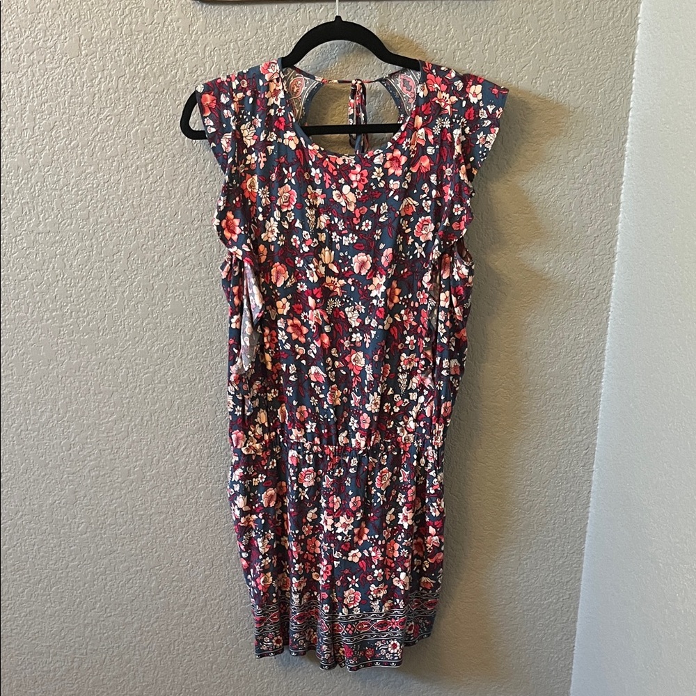 LOFT Floral Cap-Sleeve Romper in Navy and Pink